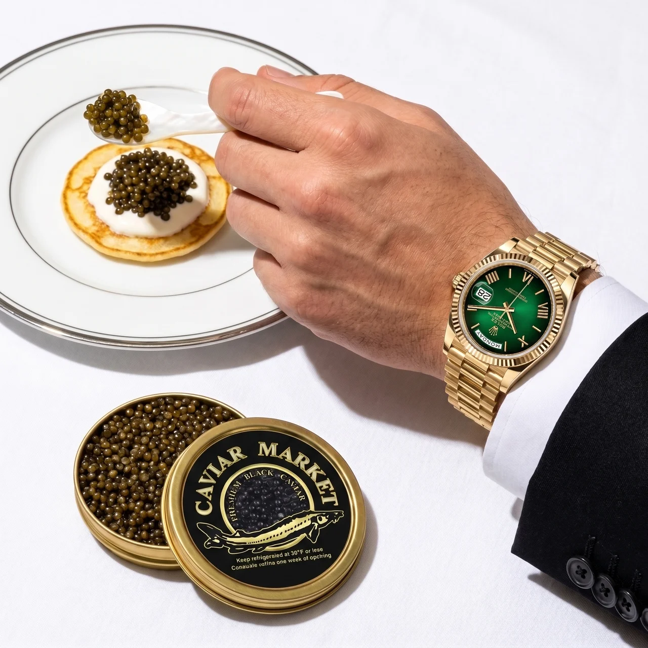Kaluga Queen caviar served on a blini with crème fraîche beside an open tin