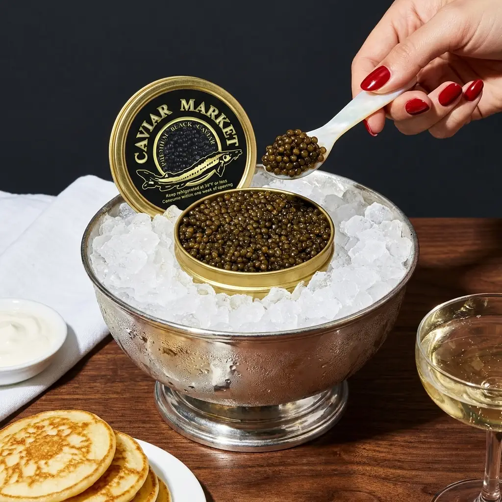 Open tin of Caviar Market caviar on crushed ice in a silver bowl with blini, creme fraiche and champagne