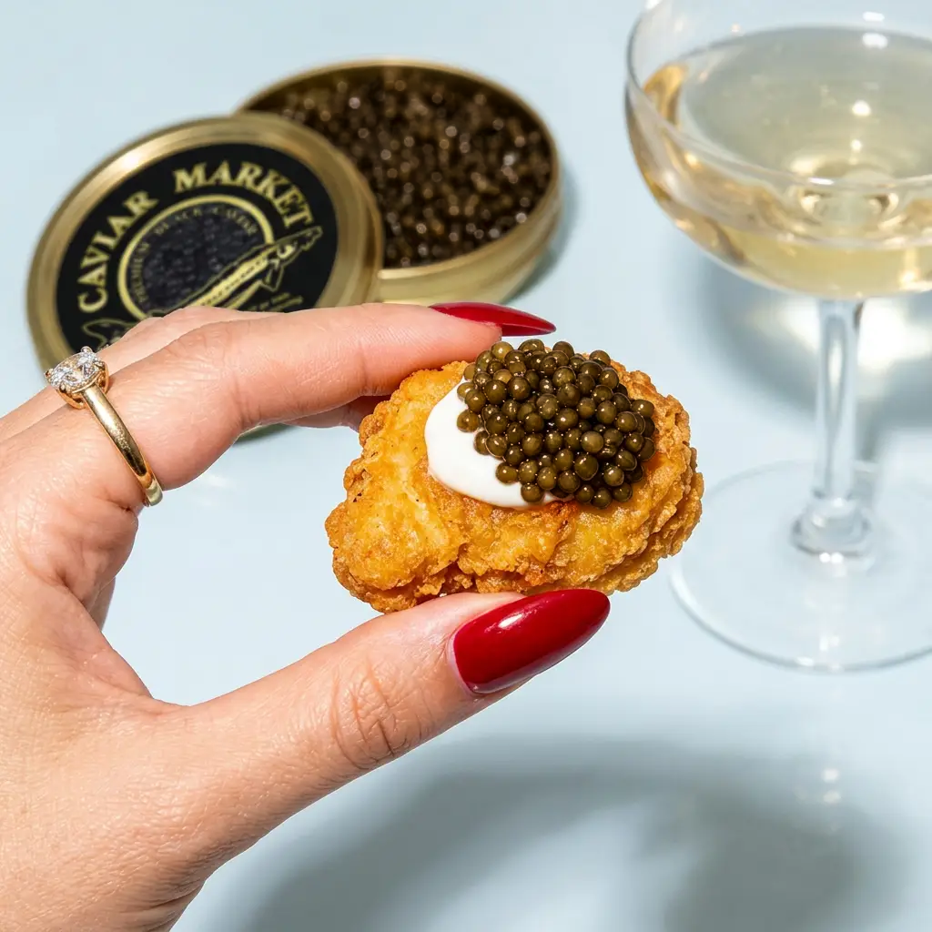 Hand holding a crisp bite topped with Kaluga Queen caviar